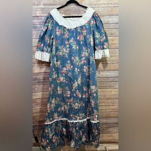 Vintage Princess Kaiulani Blue Floral Hawaiian Eyelet Accent Gown XL